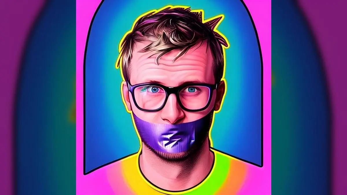 Stilisierte Illustration einer Person mit Brille, deren Mund mit einem Klebestreifen bedeckt ist, vor buntem Neon-Gradienten Hintergrund