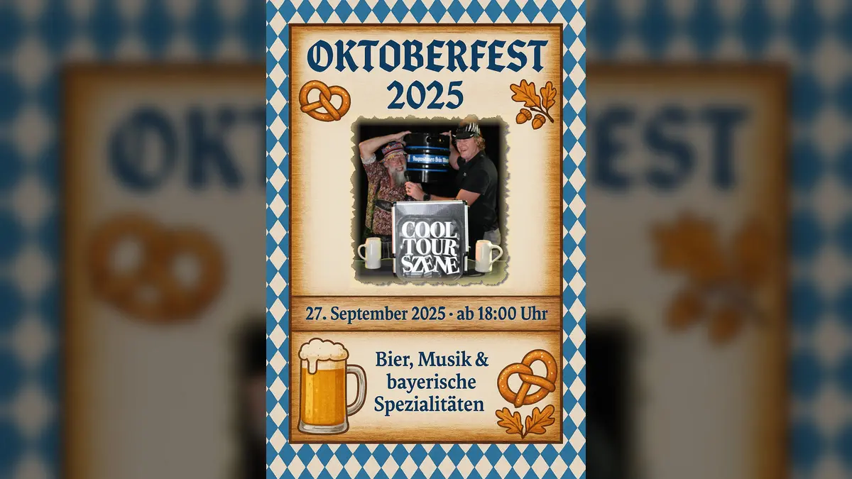 Oktoberfest 2025 poster with Bavarian themed design featuring blue and white diamond pattern