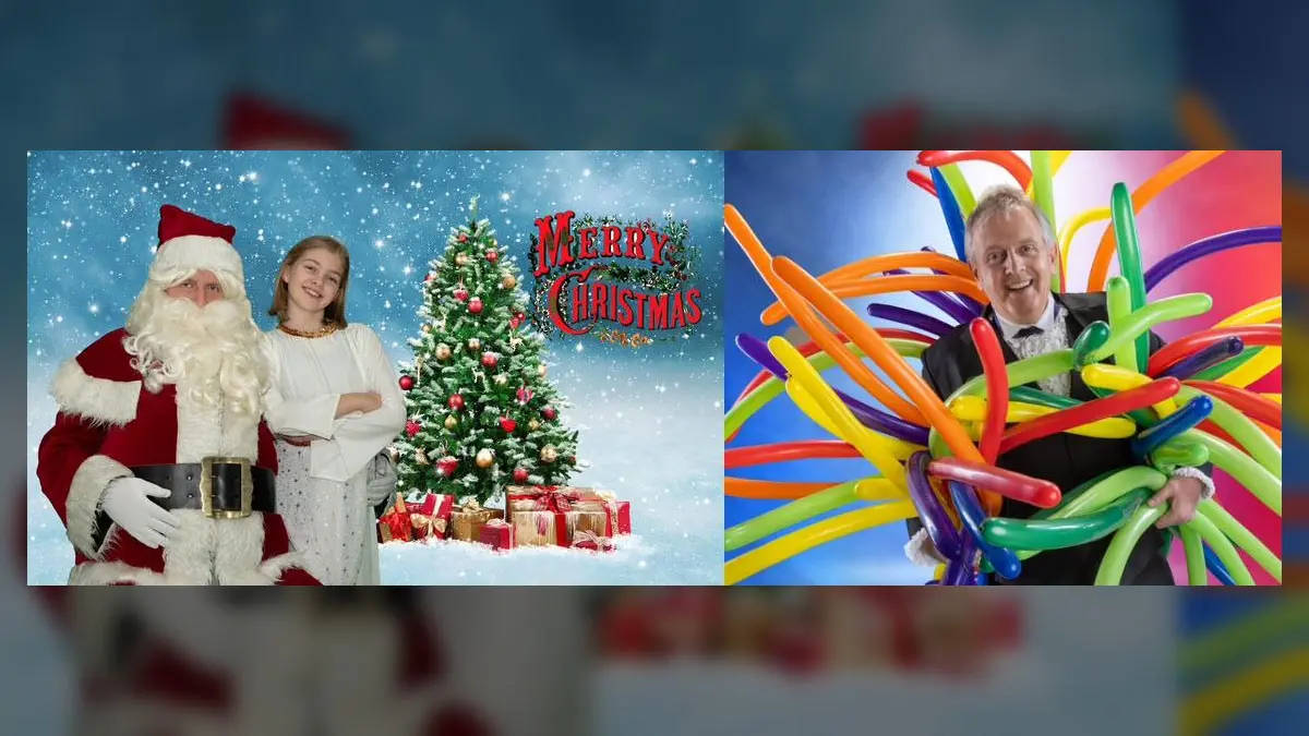 Festliche Weihnachtsdekoration für ein Kinderevent mit bunten Lichtern und Weihnachtsmann